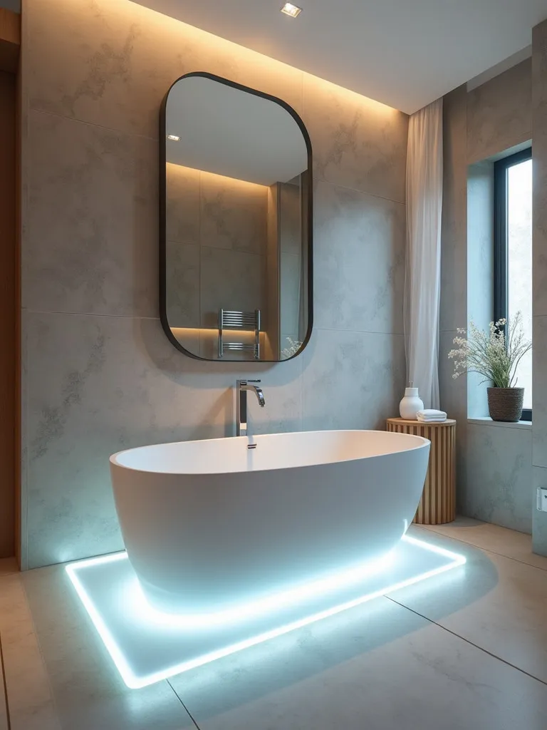 Modern bathroom with illuminated freestanding tub