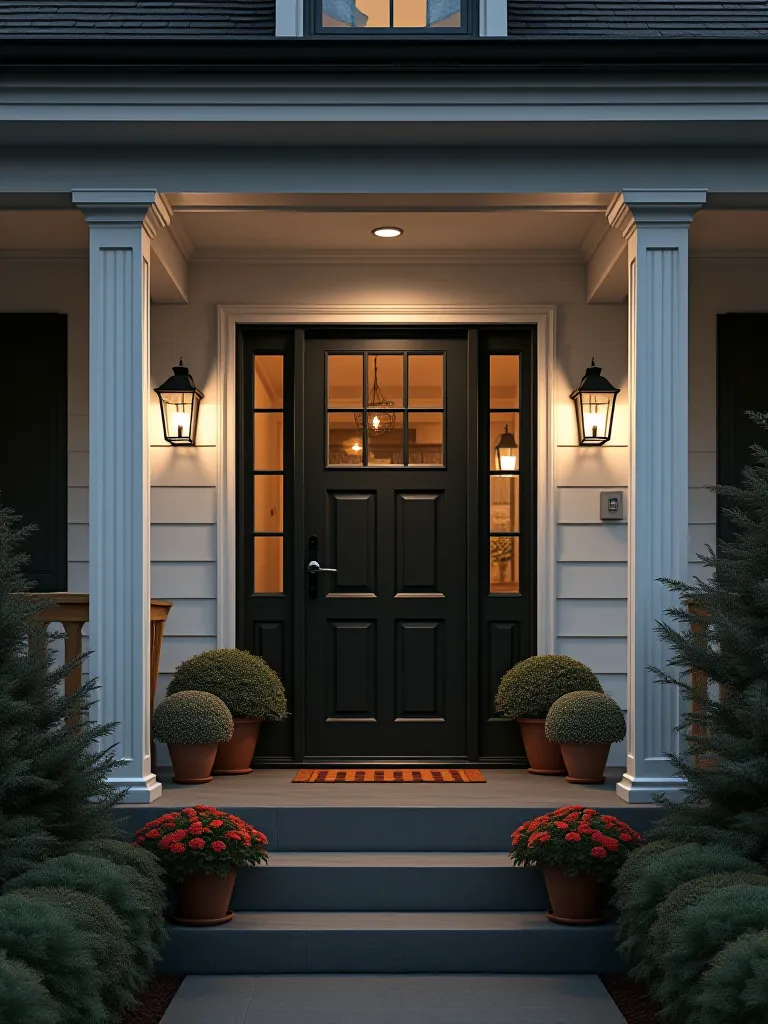 Modern black and white farmhouse porch with statement door at twilight