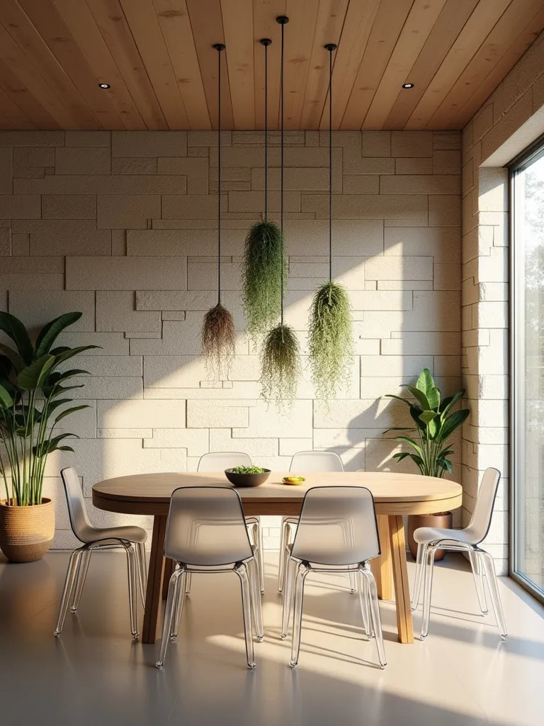 Modern dining area featuring textured stone wall and natural elements