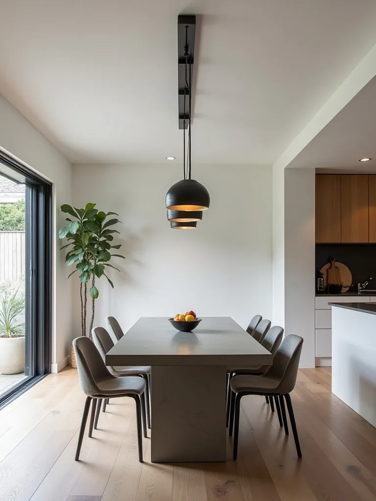 Modern dining space with adjustable linear light fixture above table