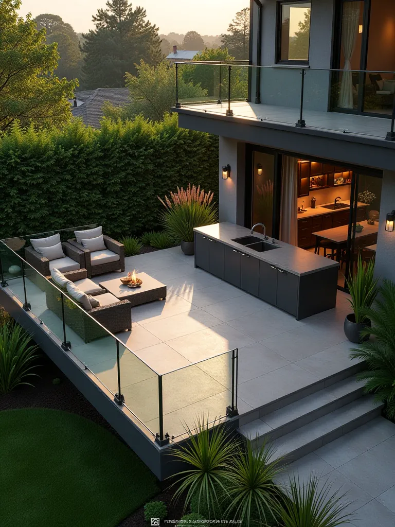 Modern elevated patio with outdoor kitchen screened by ornamental grasses