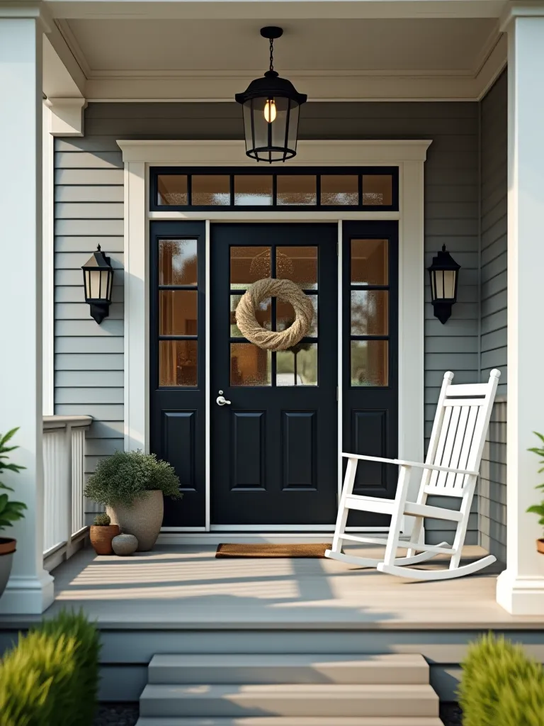 Modern farmhouse porch with black door and white rocking chairs