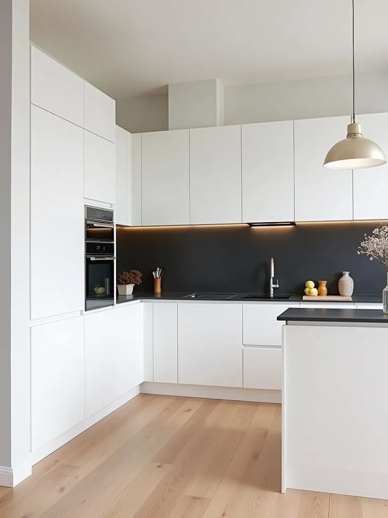 Modern kitchen featuring ash flooring and contrasting black and white surfaces