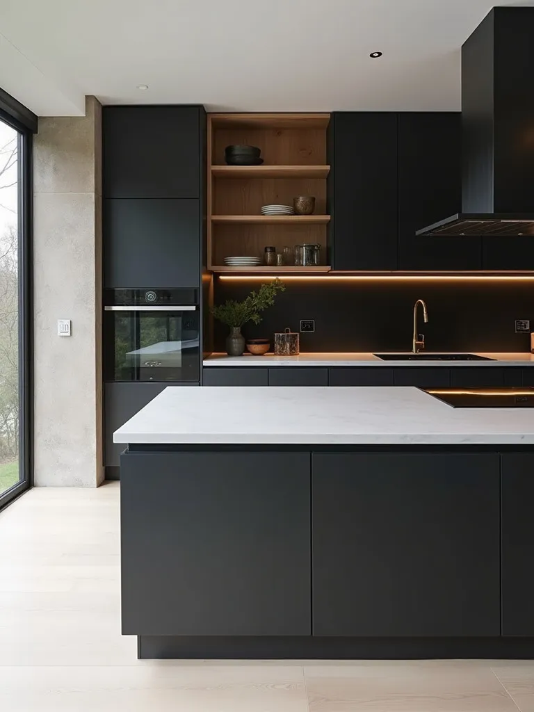 Modern kitchen featuring open shelving and contrasting black and white elements