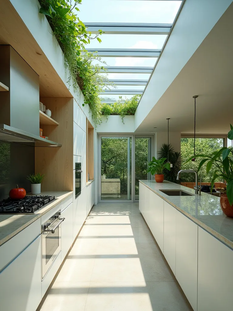 Modern kitchen with green roof visible through skylight and eco friendly features