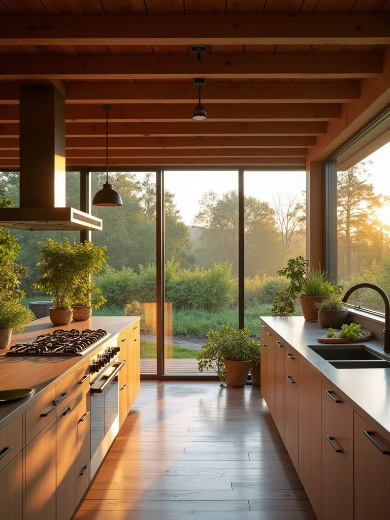 Modern kitchen with rustic touches and view of vegetable garden