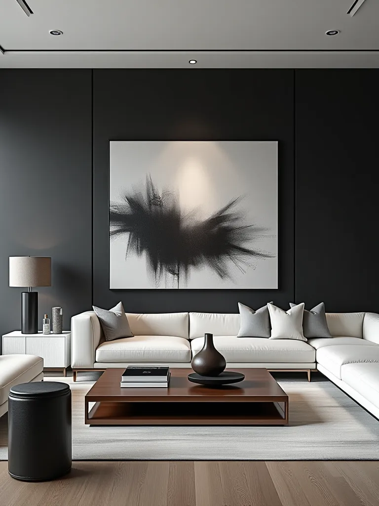 Modern living room with charcoal accent wall and white furniture