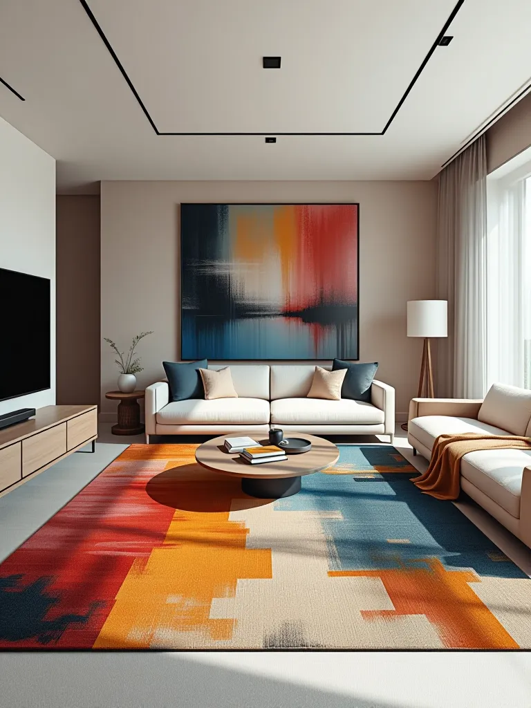 Modern living room with large abstract rug and minimalist furniture