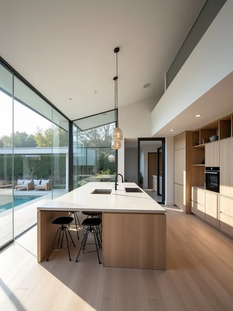 Modern open kitchen with central island and minimalist cabinetry viewed from above
