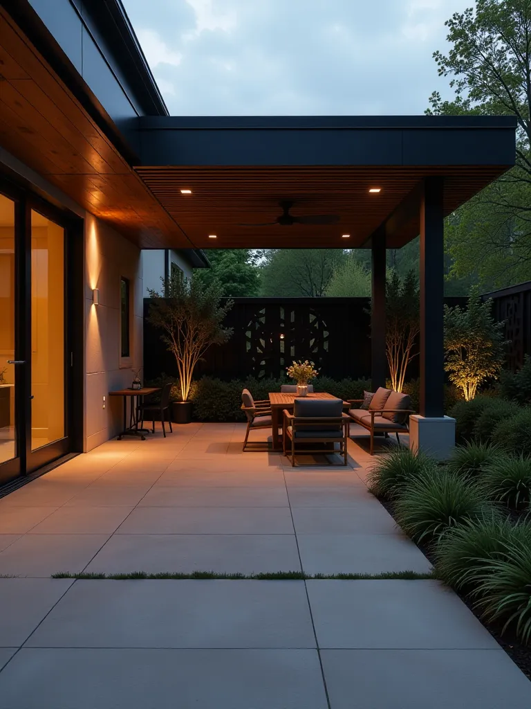 Modern patio with louvered roof and metal privacy screens lit at twilight