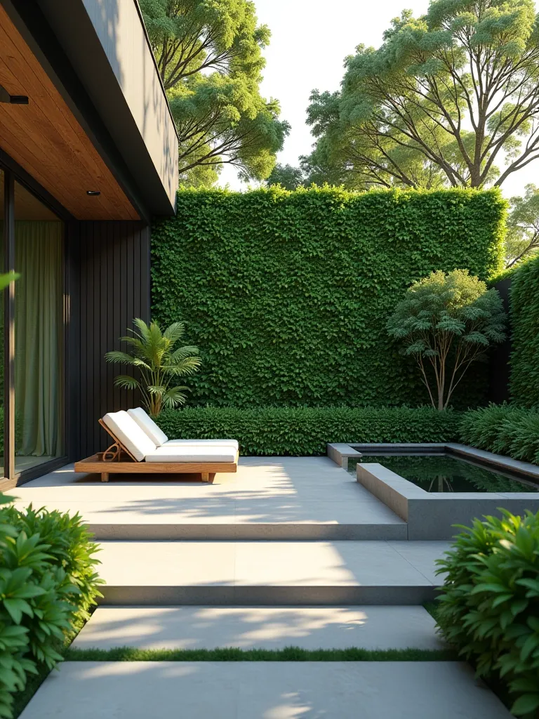 Modern patio with privacy vertical garden wall and water feature