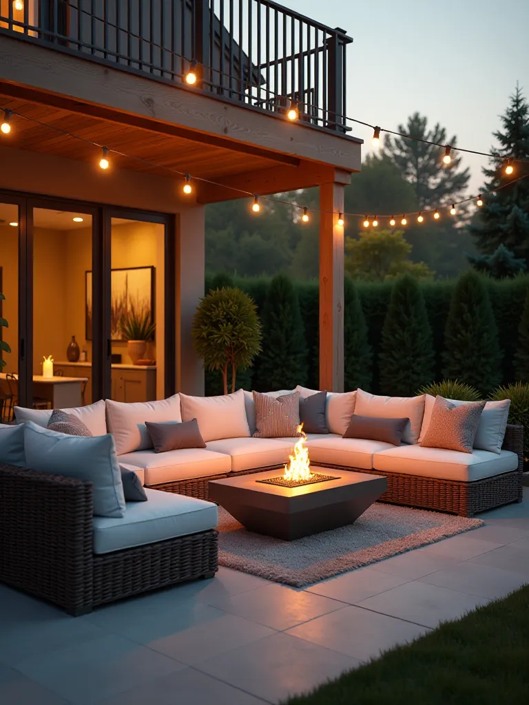 Modern patio with sectional sofa, fire pit, and string lights at sunset