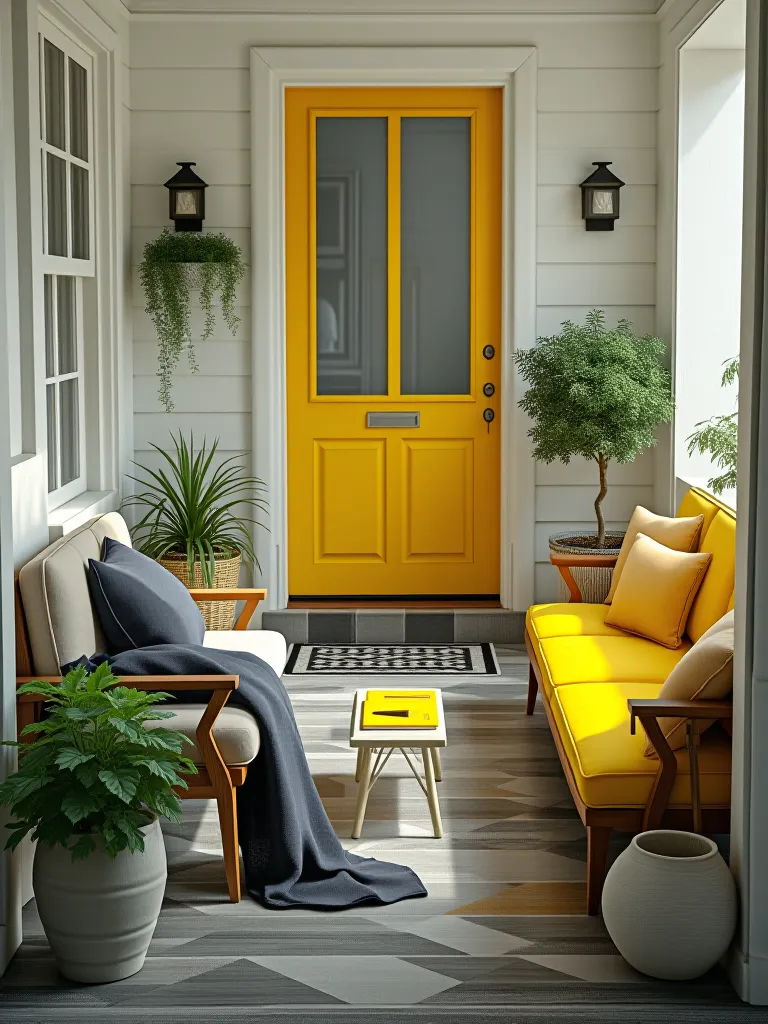 Modern porch with charcoal geometric floor, white walls, and yellow accents