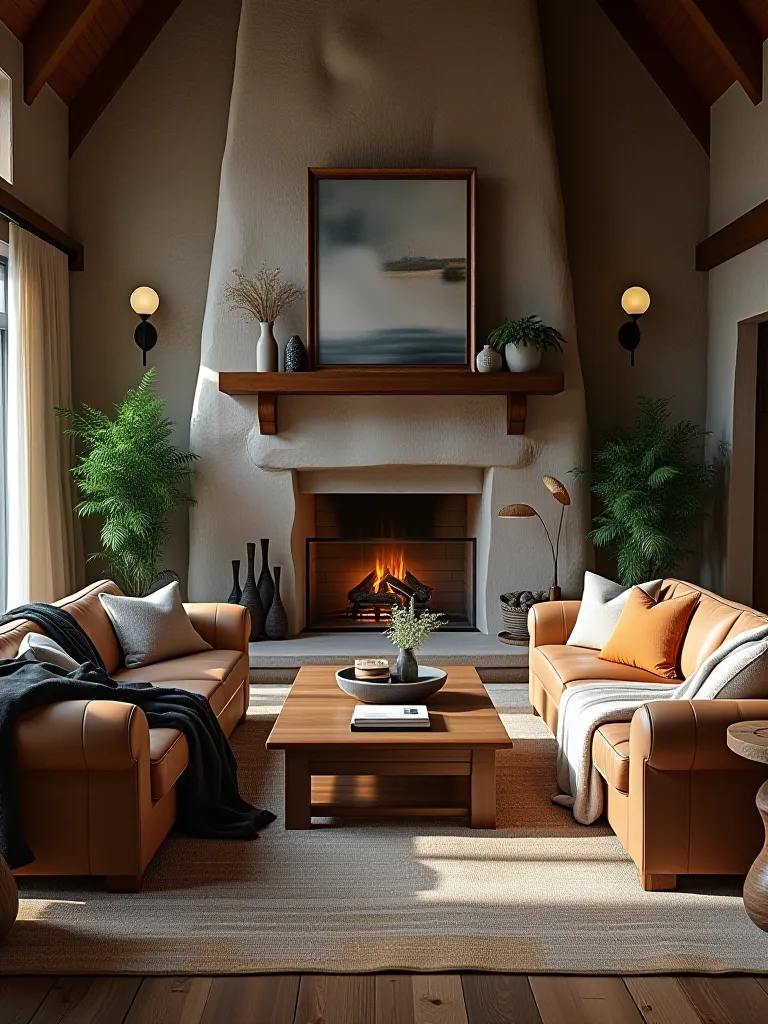 Morning light in rustic living room with ferns and birch log accents