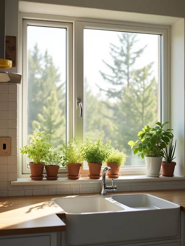 Morning light on Scandinavian kitchen featuring windowsill herb garden