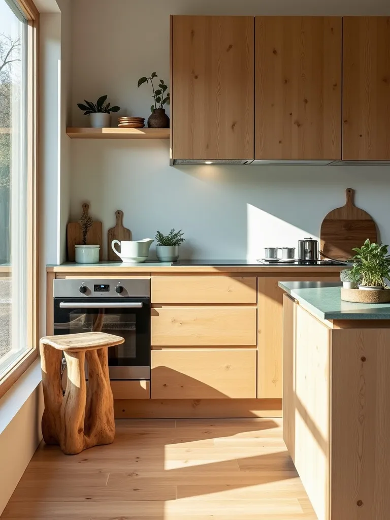 Natural light Scandinavian kitchen featuring sustainable materials and minimalist furniture