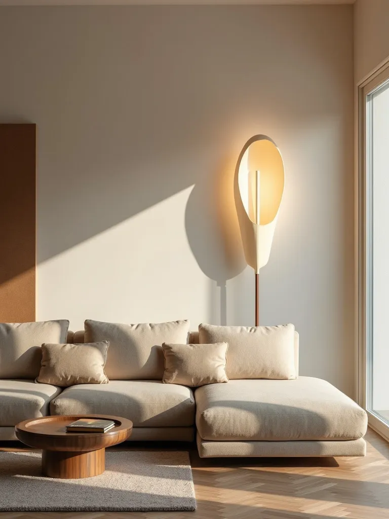 Neutral living room featuring large organic shaped biodegradable lamp
