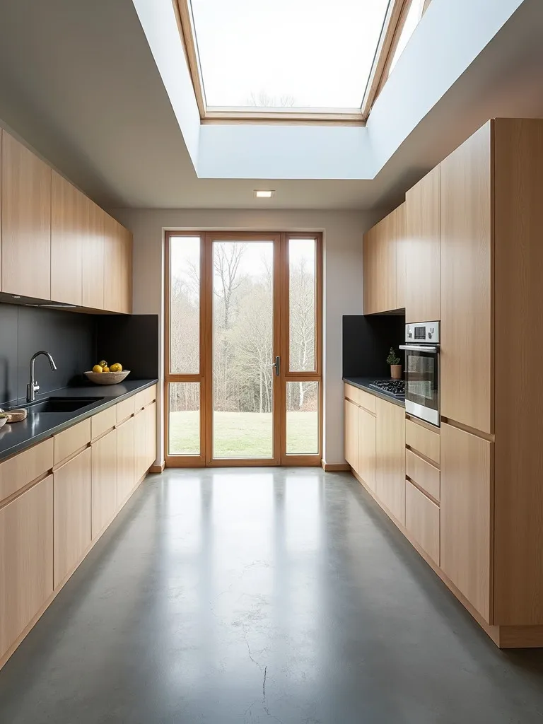 Open Scandinavian kitchen with concrete floor and plywood cabinets