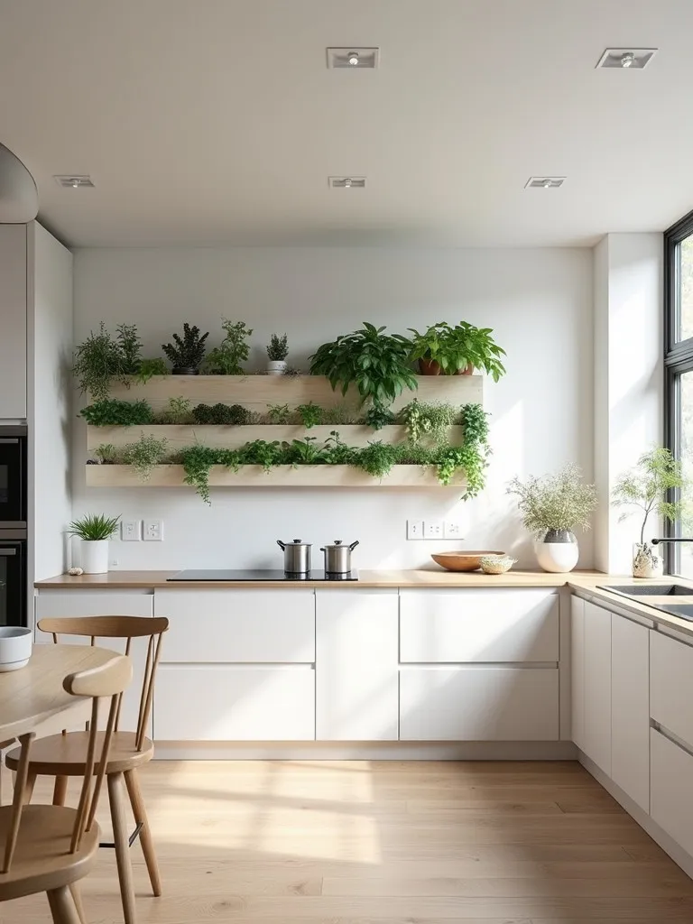 Open Scandinavian kitchen with white wood decor and vertical herb garden