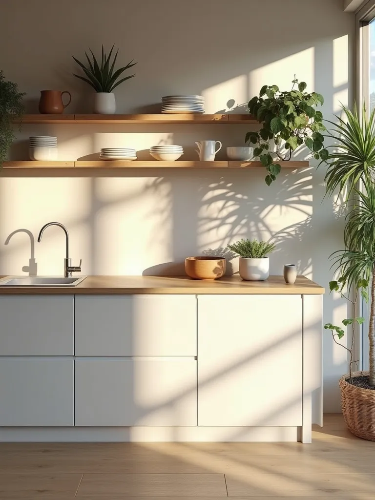 Open concept Scandinavian kitchen with mix of cabinets and floating shelves