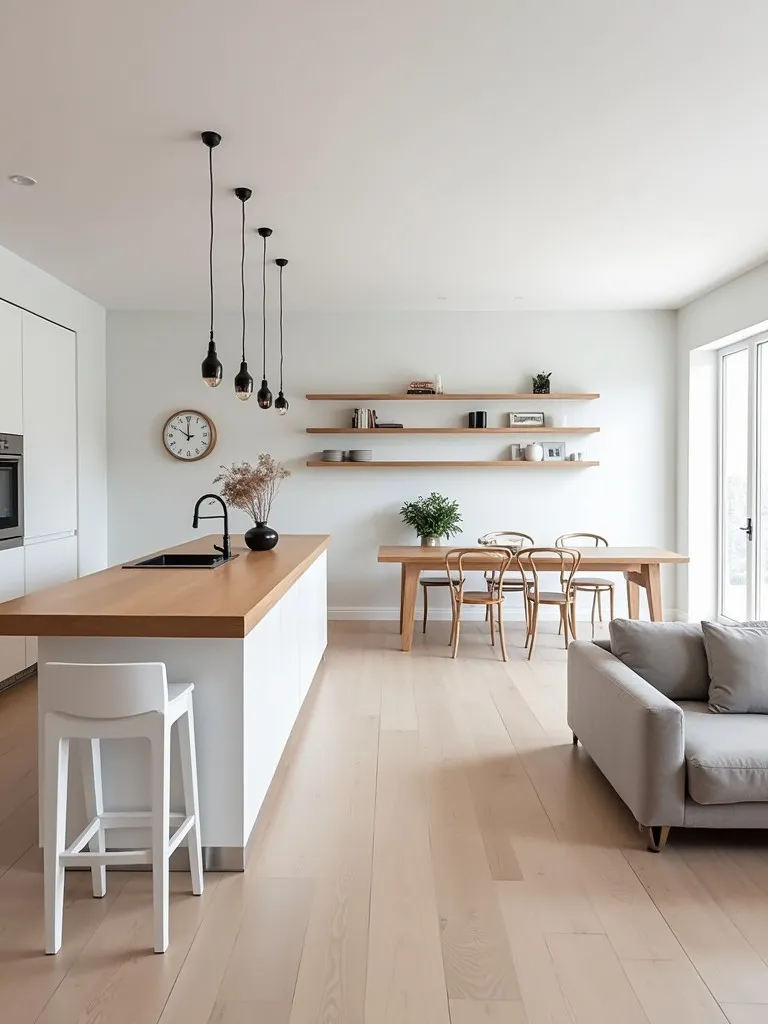 Open concept Scandinavian kitchen with wooden island and white bar stools
