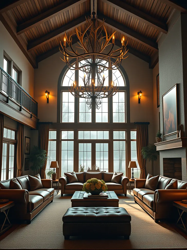 Open concept rustic living room with vaulted ceiling and antler chandelier
