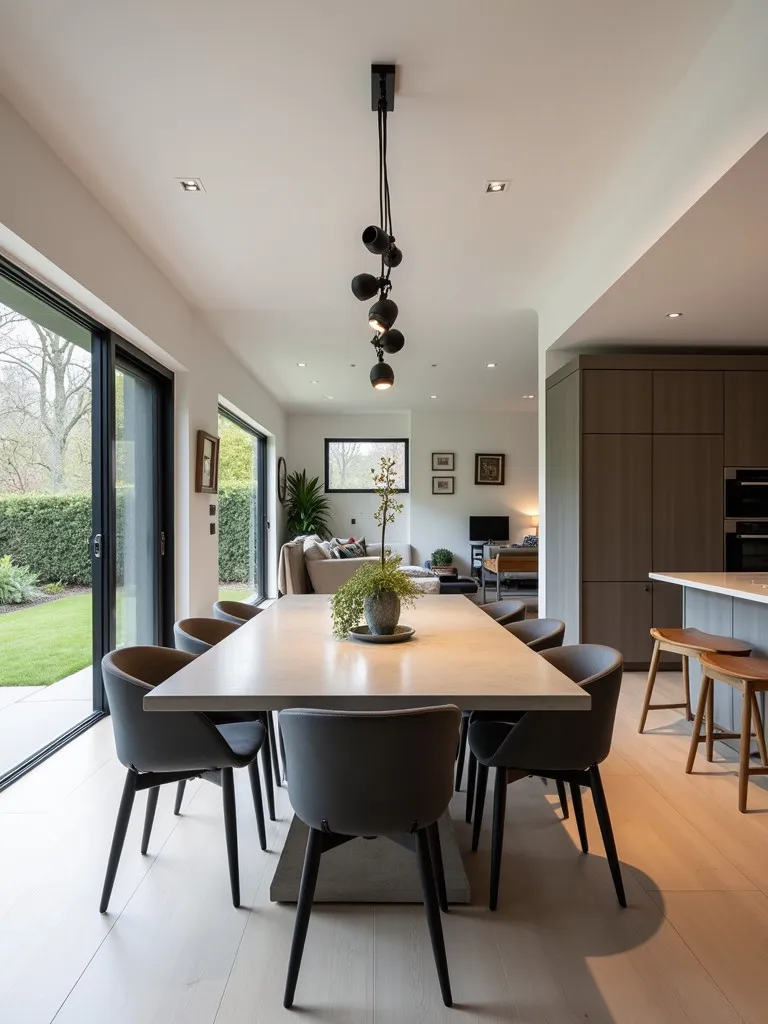 Open plan dining area with linear suspension light over concrete table