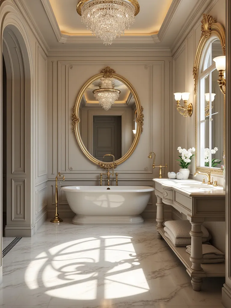 Opulent bathroom with crystal chandelier and ornate mirror