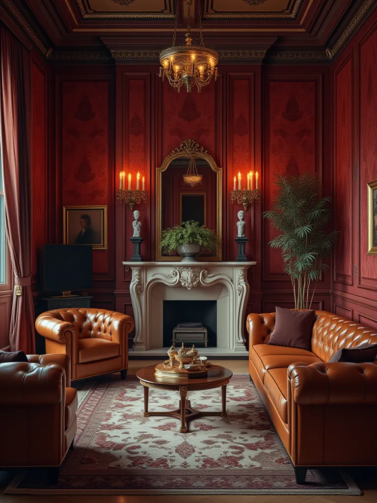Opulent living room featuring burgundy walls and antique brass lighting