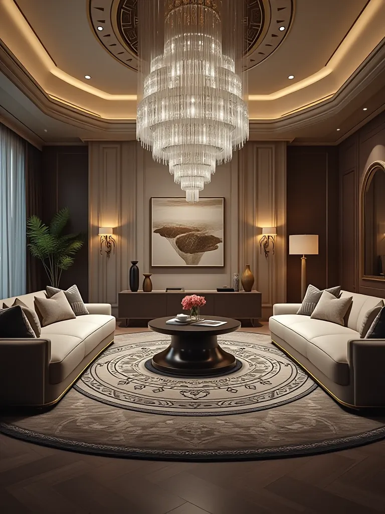 Opulent living room featuring custom circular rug with mandala pattern