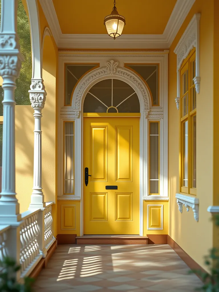 Ornate Victorian porch featuring bright yellow door and white trim