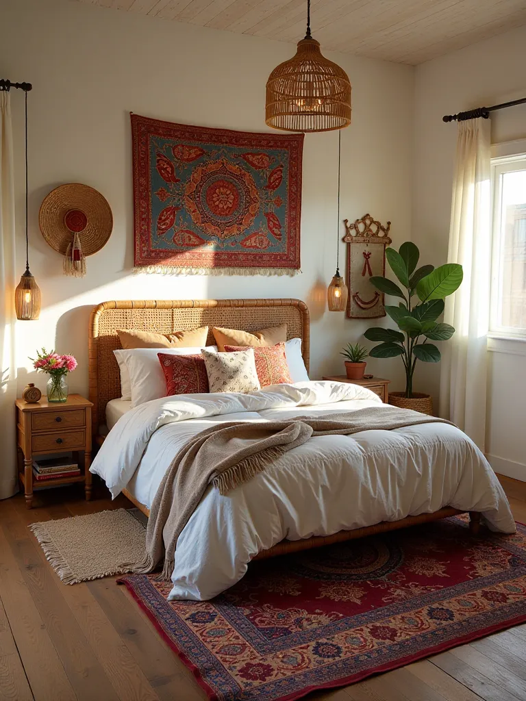 Overhead view of boho bedroom with rattan headboard, layered rugs, and tapestries