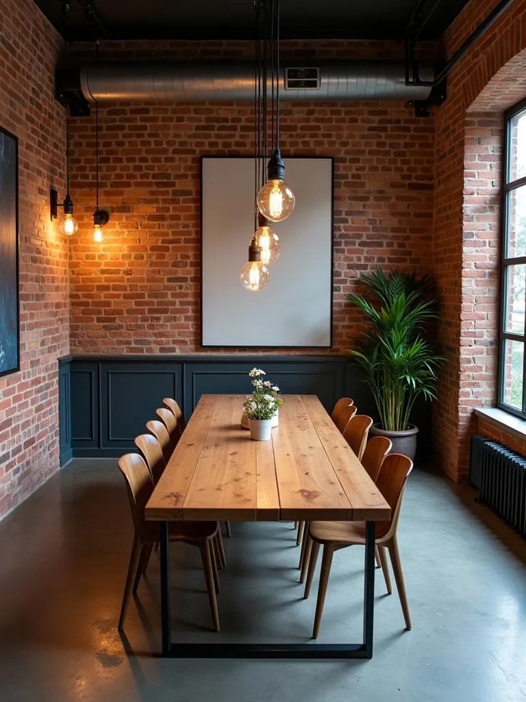 Overhead view of industrial contemporary dining space with unique lighting