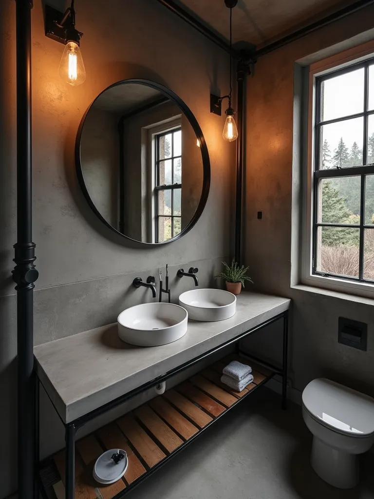 Overhead view of industrial style bathroom with concrete vanity