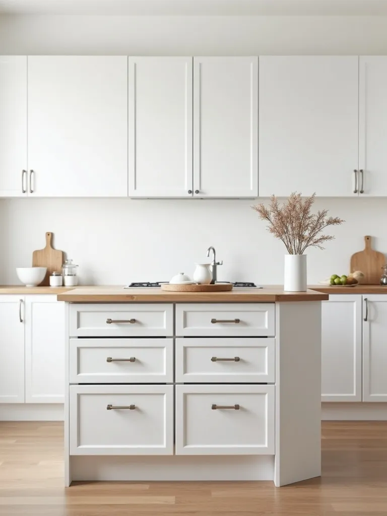 Overhead view of minimalist Scandinavian kitchen island with storage