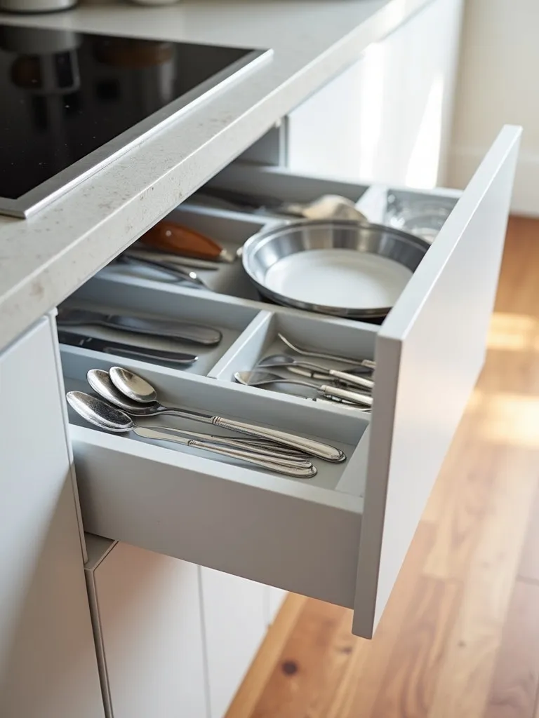 Overhead view of open Scandinavian kitchen drawer with organized utensils