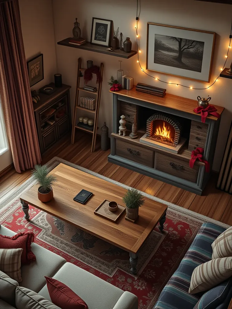 Overhead view of rustic living room with string lights and ladder shelf