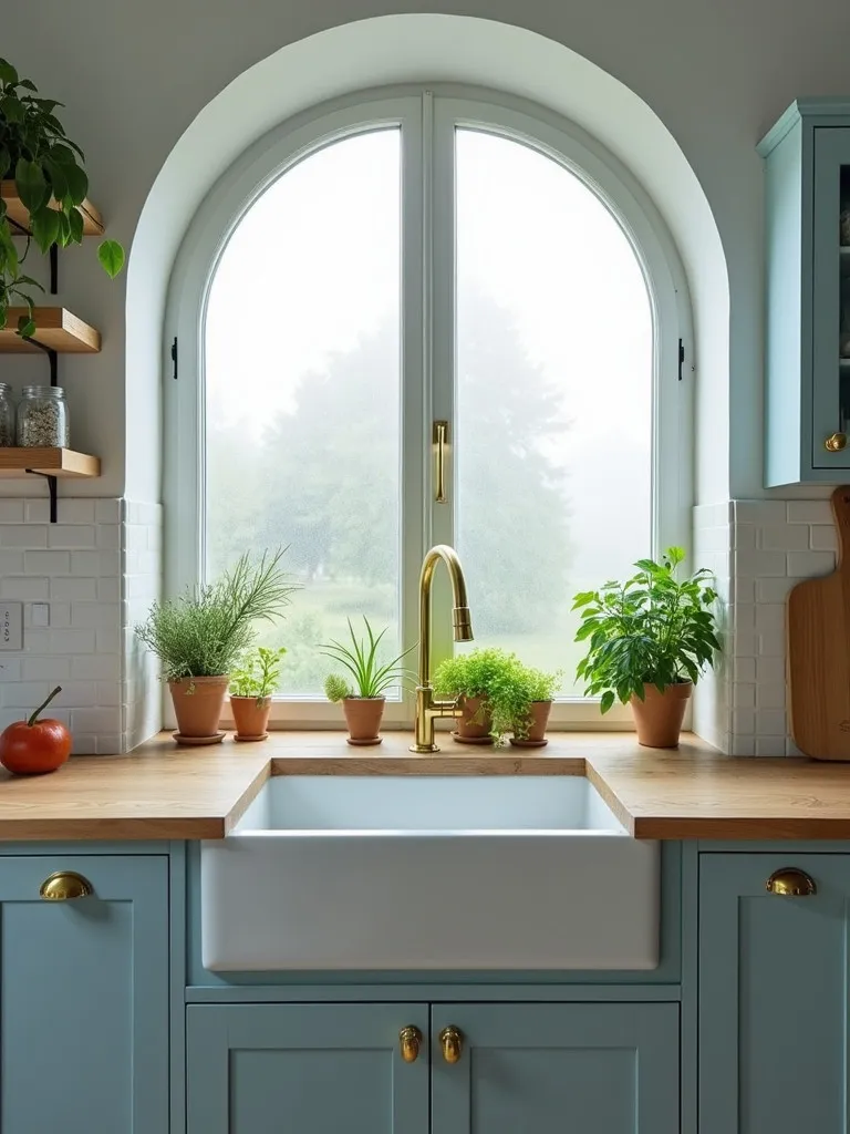 Pale blue Scandinavian kitchen with arched window featuring built in herb garden