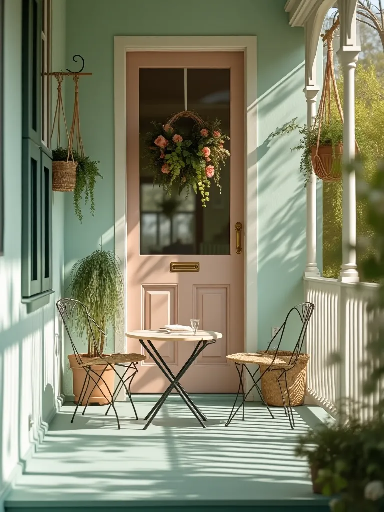 Quaint porch featuring mint floor, pink door, and bistro set amid spring blooms
