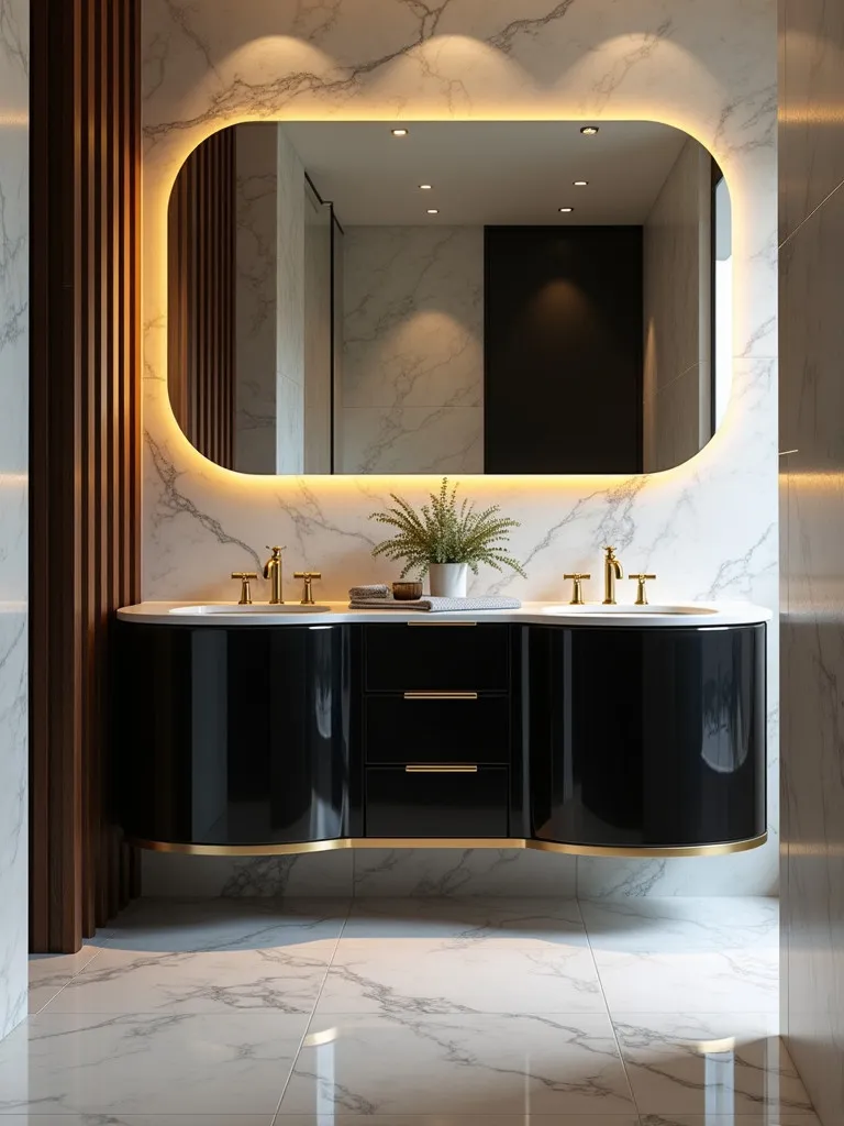 Reflective marble floor showing luxurious black vanity and backlit mirror