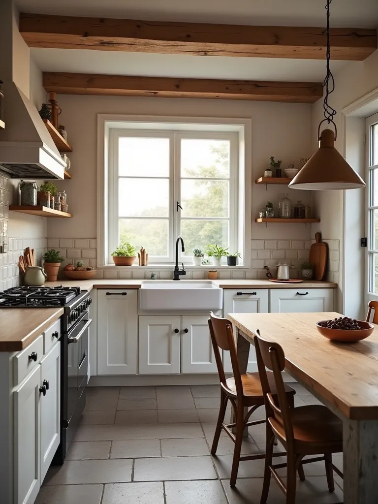 Rustic Scandinavian kitchen with farmhouse sink and vintage inspired dining set