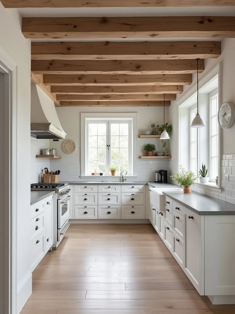 Rustic Scandinavian kitchen with wooden beams and soapstone counters