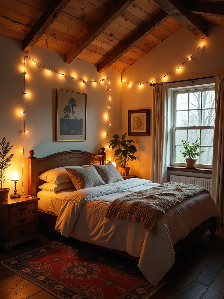 Rustic boho bedroom with string lights adorning exposed wooden beams