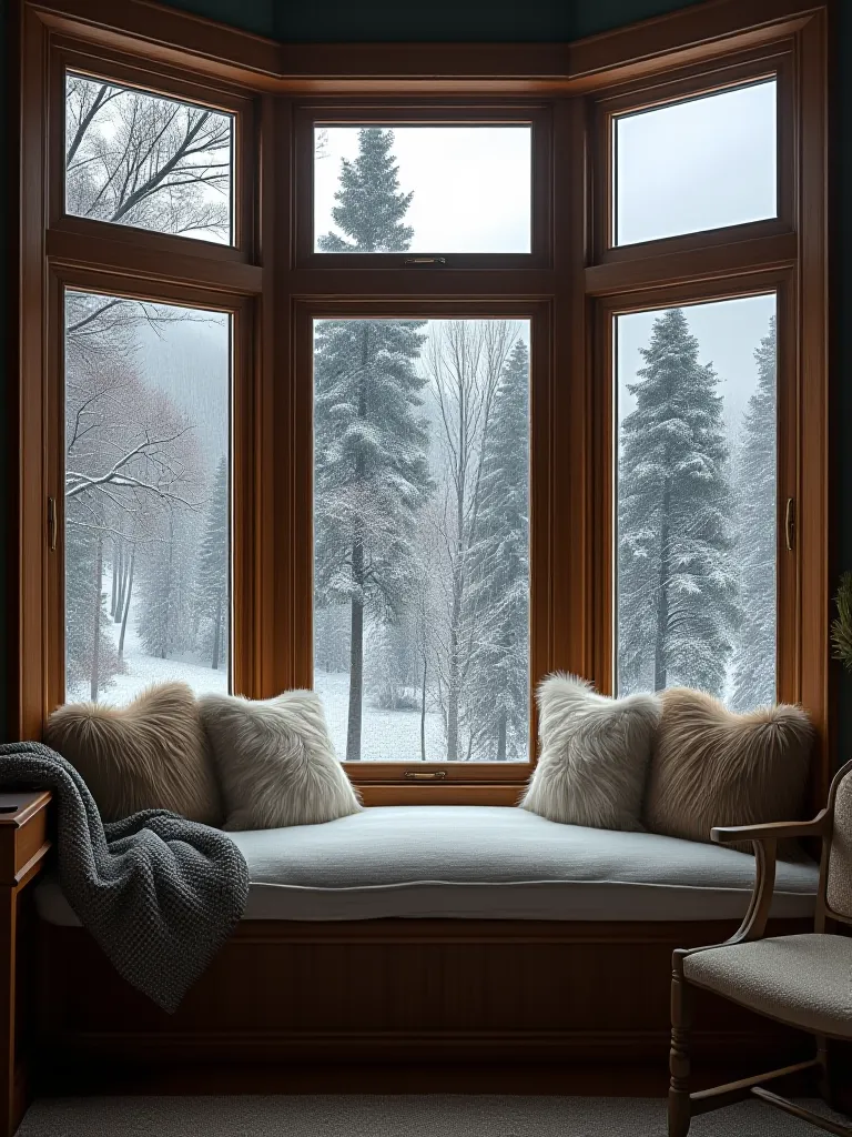 Rustic living room nook with bay window, window seat, and snowy forest view