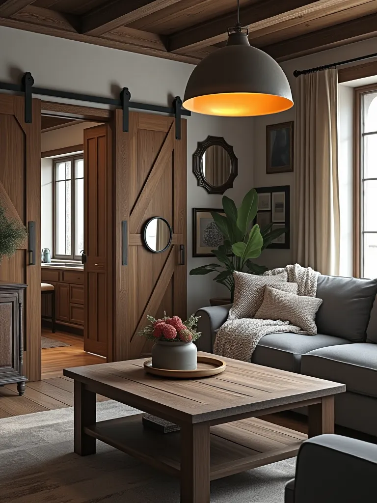 Rustic living room with barn doors, mirror gallery, and industrial lighting