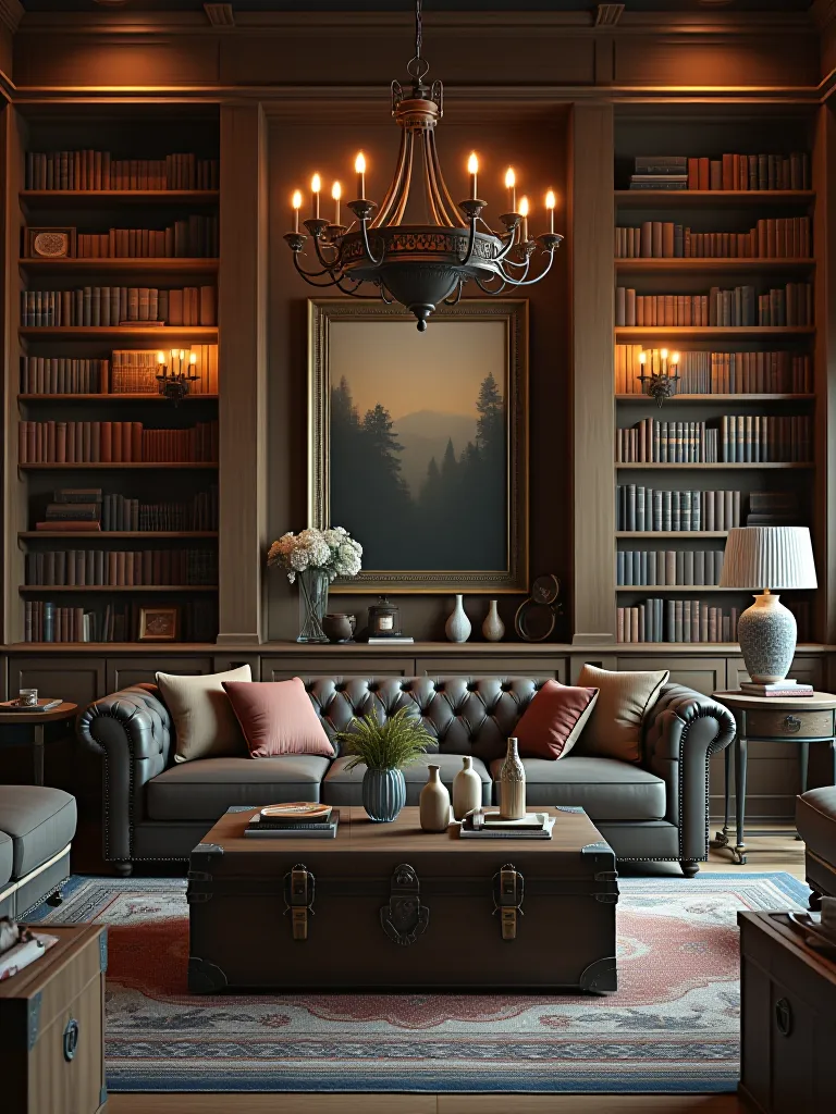 Rustic living room with barn wood walls, bookshelf, and chesterfield sofa