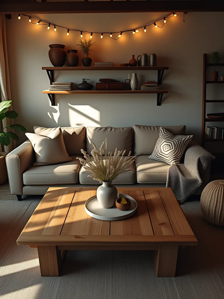 Rustic living room with barnwood table, flannel pillows, and vintage decor