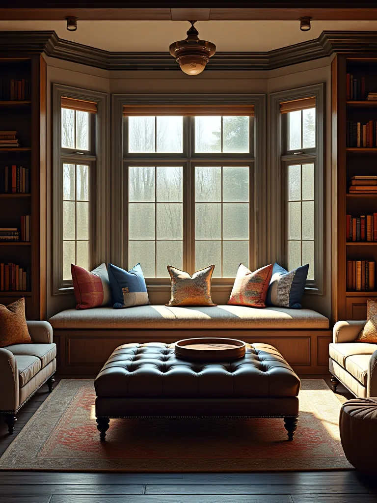Rustic living room with bay window seat, bookshelves, and leather ottoman