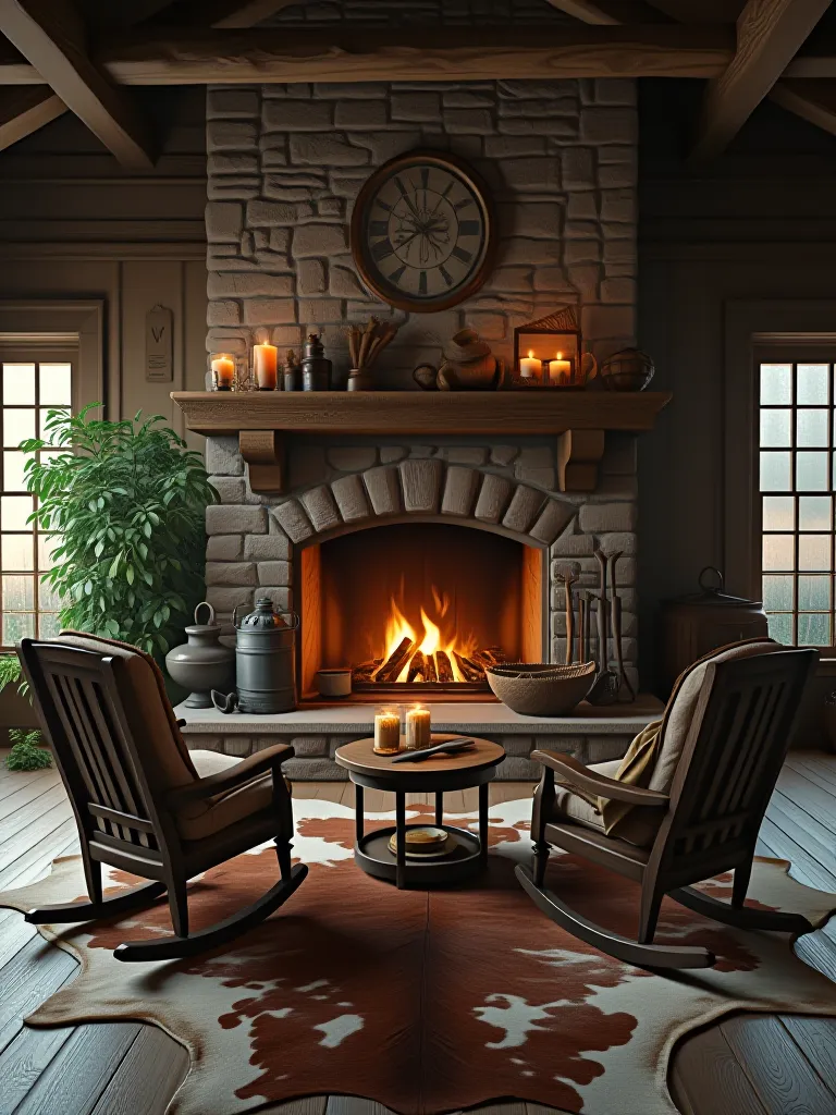 Rustic living room with cowhide rug and antique farm tool decor