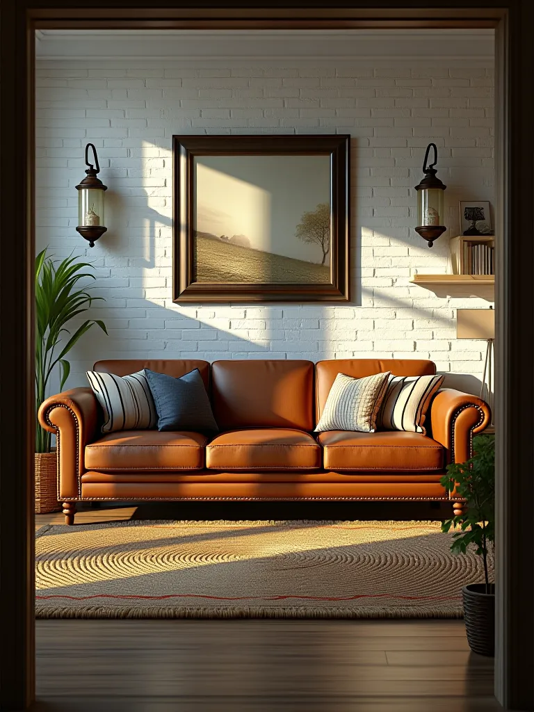 Rustic living room with leather sofa, jute rug, and mason jar sconces
